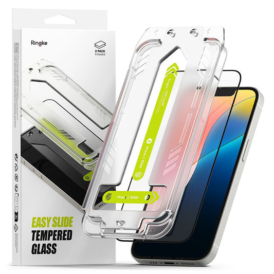 Pellicola protettiva per schermo Ringke Easy Slide per Apple iPhone 17e / 16e / 14 / 13 Pro, Vetro temperato, Full Glue, Set 2 pezzi, Nero