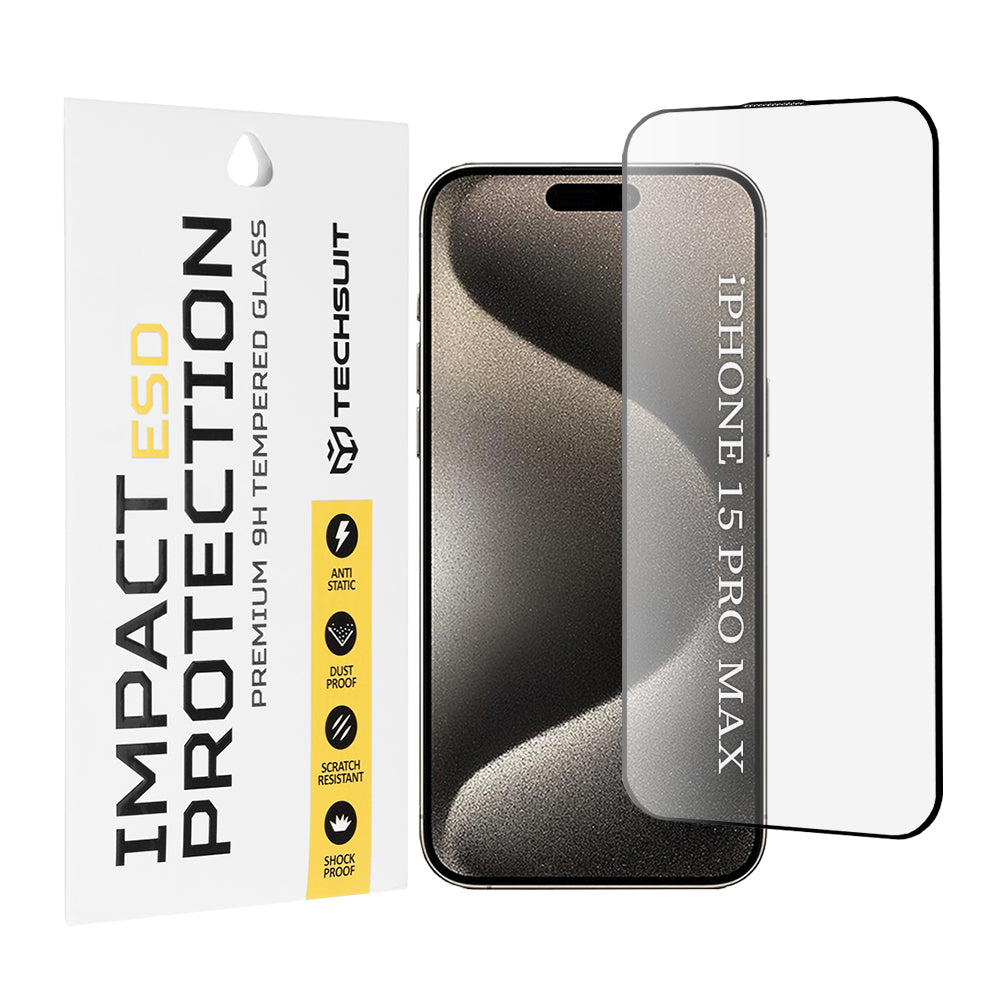Pellicola protettiva per schermo Techsuit per Apple iPhone 15 Pro Max, Vetro temperato, Full Glue, Nero