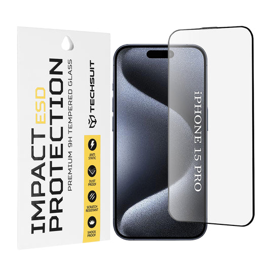 Pellicola protettiva per schermo Techsuit per Apple iPhone 15 Pro, Vetro temperato, Full Glue, Nero
