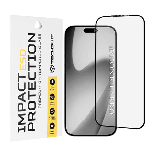 Pellicola protettiva Techsuit per Apple iPhone 17 Pro, Vetro Temperato, Full Glue, Nera