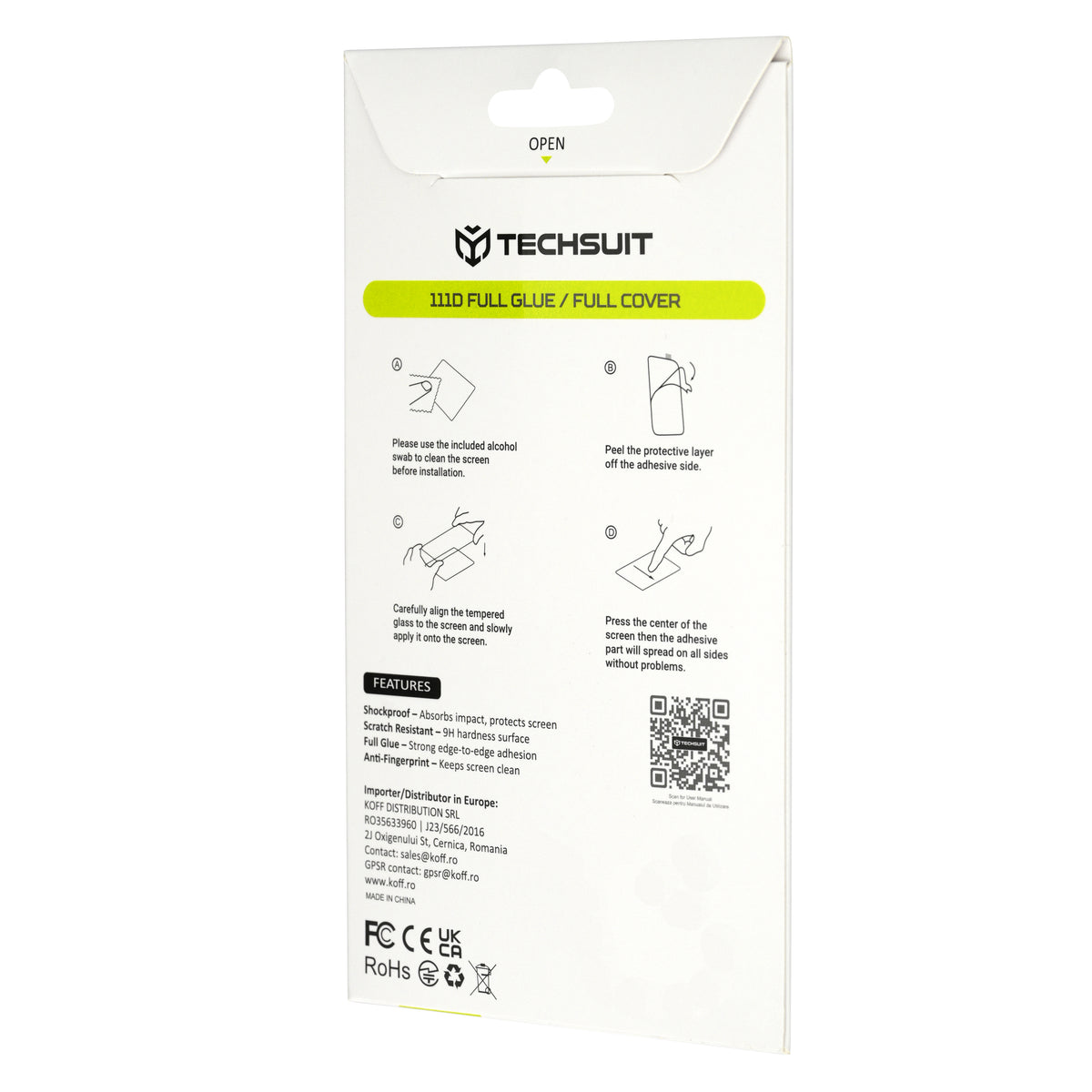 Pellicola protettiva per schermo Techsuit per Honor 600 Smart, Vetro temperato, Full Glue, 111D, Nero