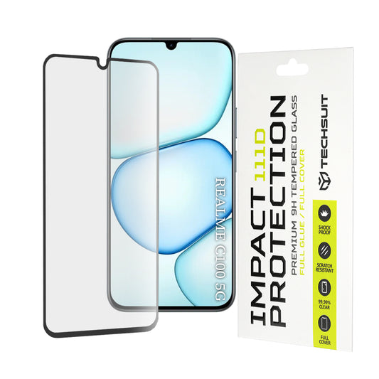 Pellicola protettiva per schermo Techsuit per Realme C100 5G, Vetro temperato, Full Glue, 111D, Nero