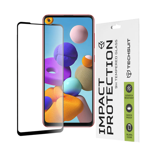 Pellicola protettiva per schermo Techsuit per Samsung Galaxy A21s A217 / A21 A215, Vetro Temperato, Full Glue, 111D, Nero