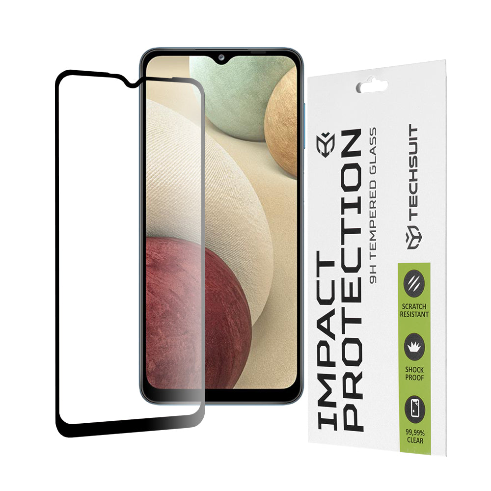 Pellicola protettiva per schermo Techsuit per Samsung Galaxy F12 F127 / A12 Nacho A127 / M02 M022 / M12 M127, Vetro temperato, Full Glue, 111D, Nero