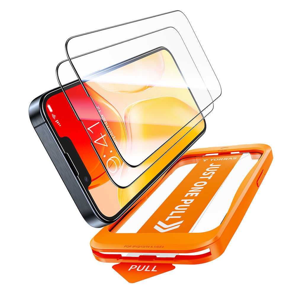 Pellicola protettiva per schermo Torras GlassGo Install Master per Apple iPhone 17e / 16e / 14 / 13 Pro, Vetro temperato, Full Glue, Set da 2 pezzi
