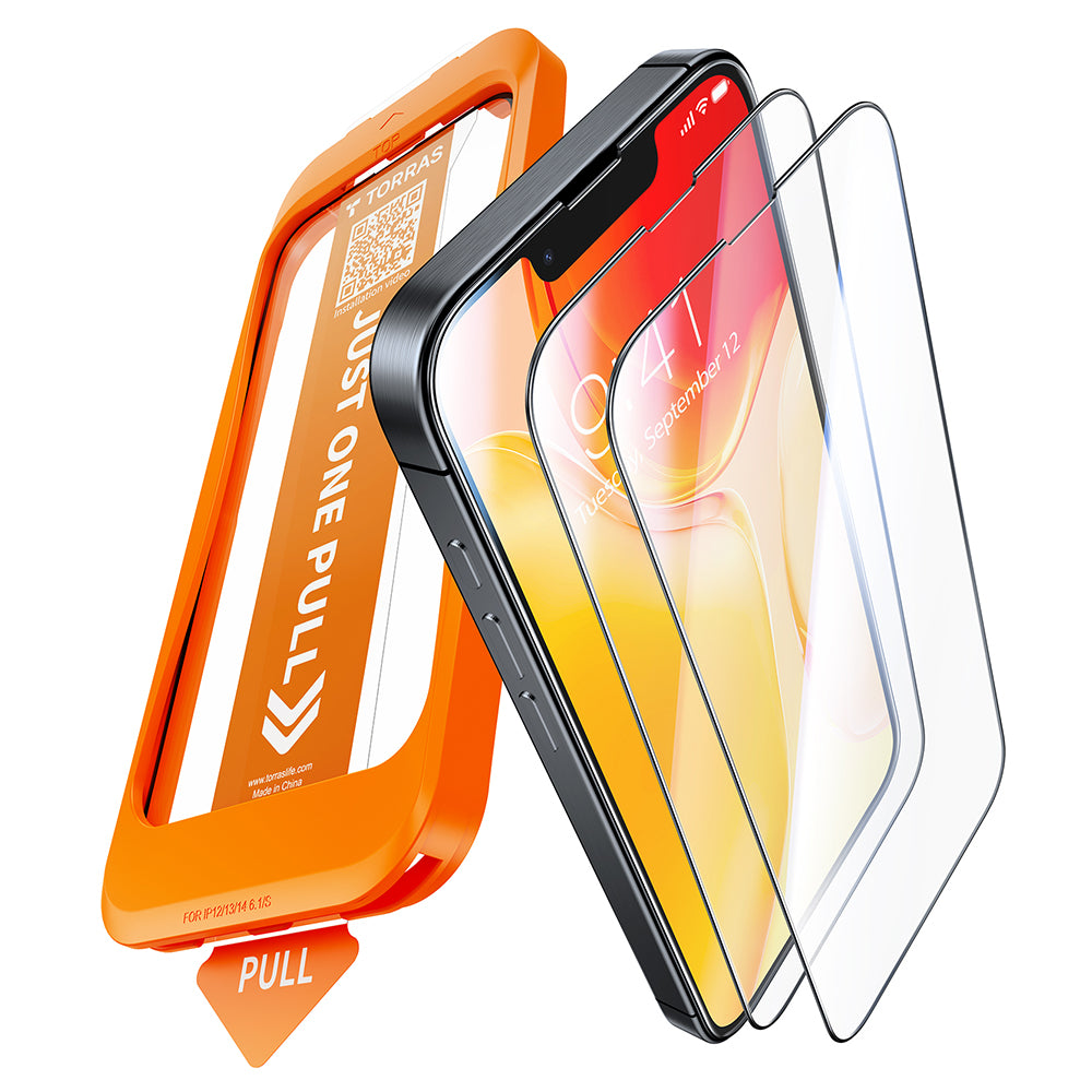 Pellicola protettiva per schermo Torras GlassGo Install Master per Apple iPhone 17e / 16e / 14 / 13 Pro, Vetro temperato, Full Glue, Set da 2 pezzi