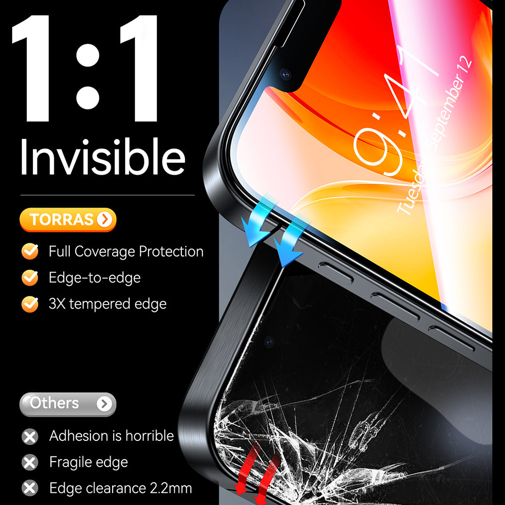 Pellicola protettiva per schermo Torras GlassGo Install Master per Apple iPhone 17e / 16e / 14 / 13 Pro, Vetro temperato, Full Glue, Set da 2 pezzi