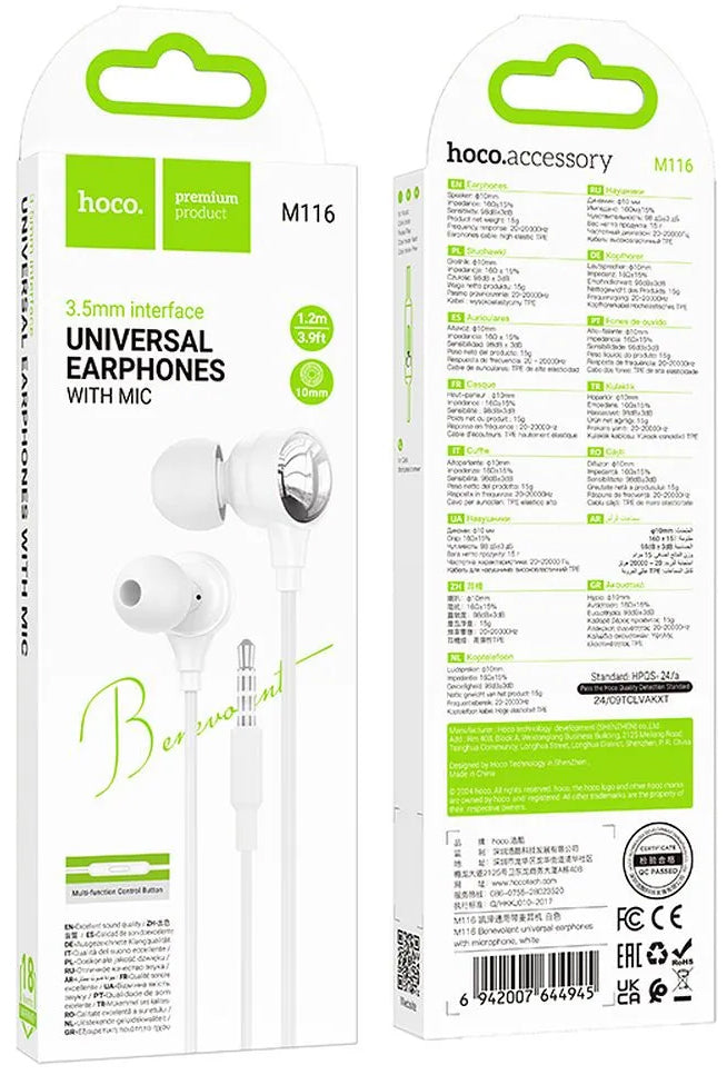 Handsfree 3.5mm HOCO M116, Bianco