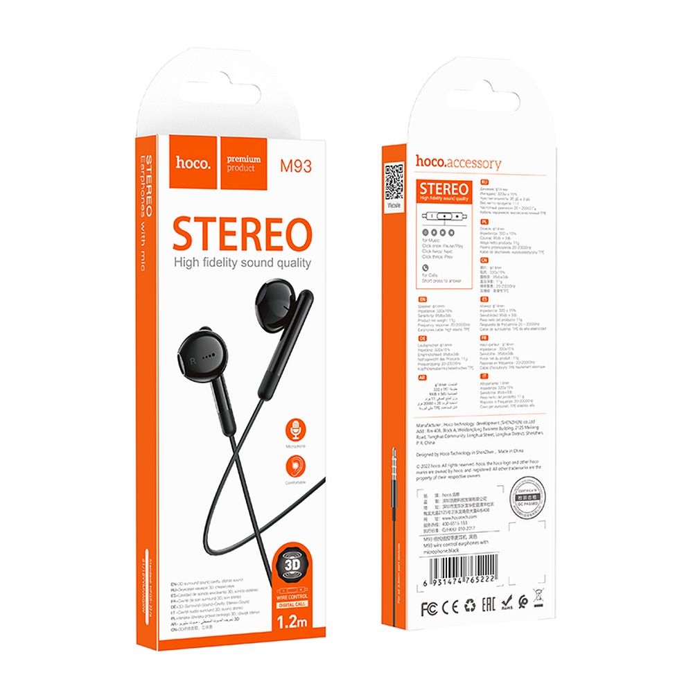 Auricolare 3.5mm HOCO M93, Nero