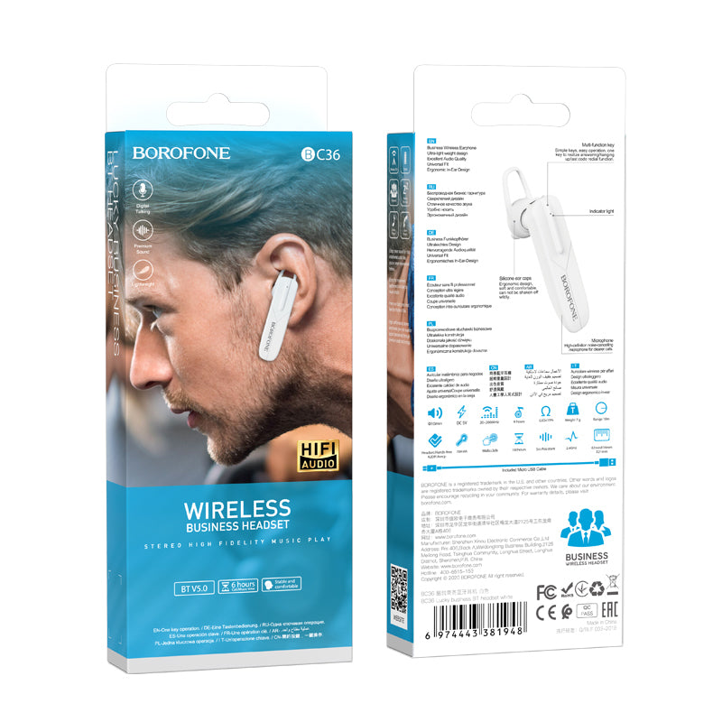 Auricolare Bluetooth a mani libere BC36 Lucky, A2DP, bianco 