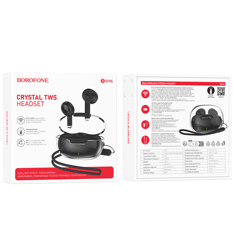 Auricolare Bluetooth Borofone BW46 Ice Flake, TWS, Nero