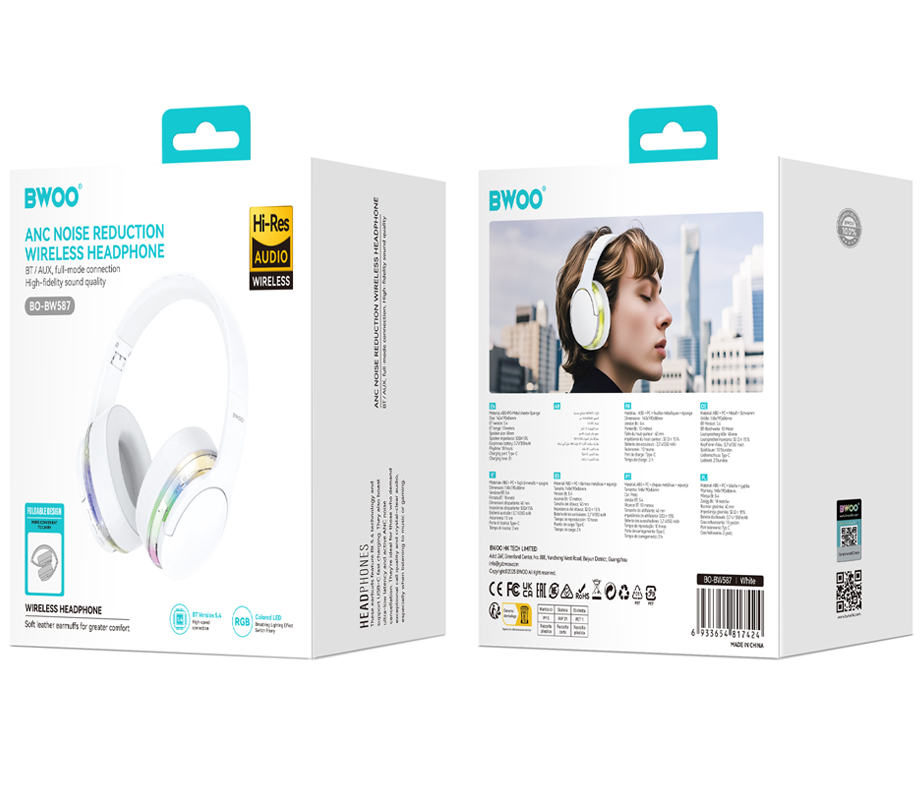 Auricolare Bluetooth BWOO BO-BW587, A2DP, ANC, Bianco