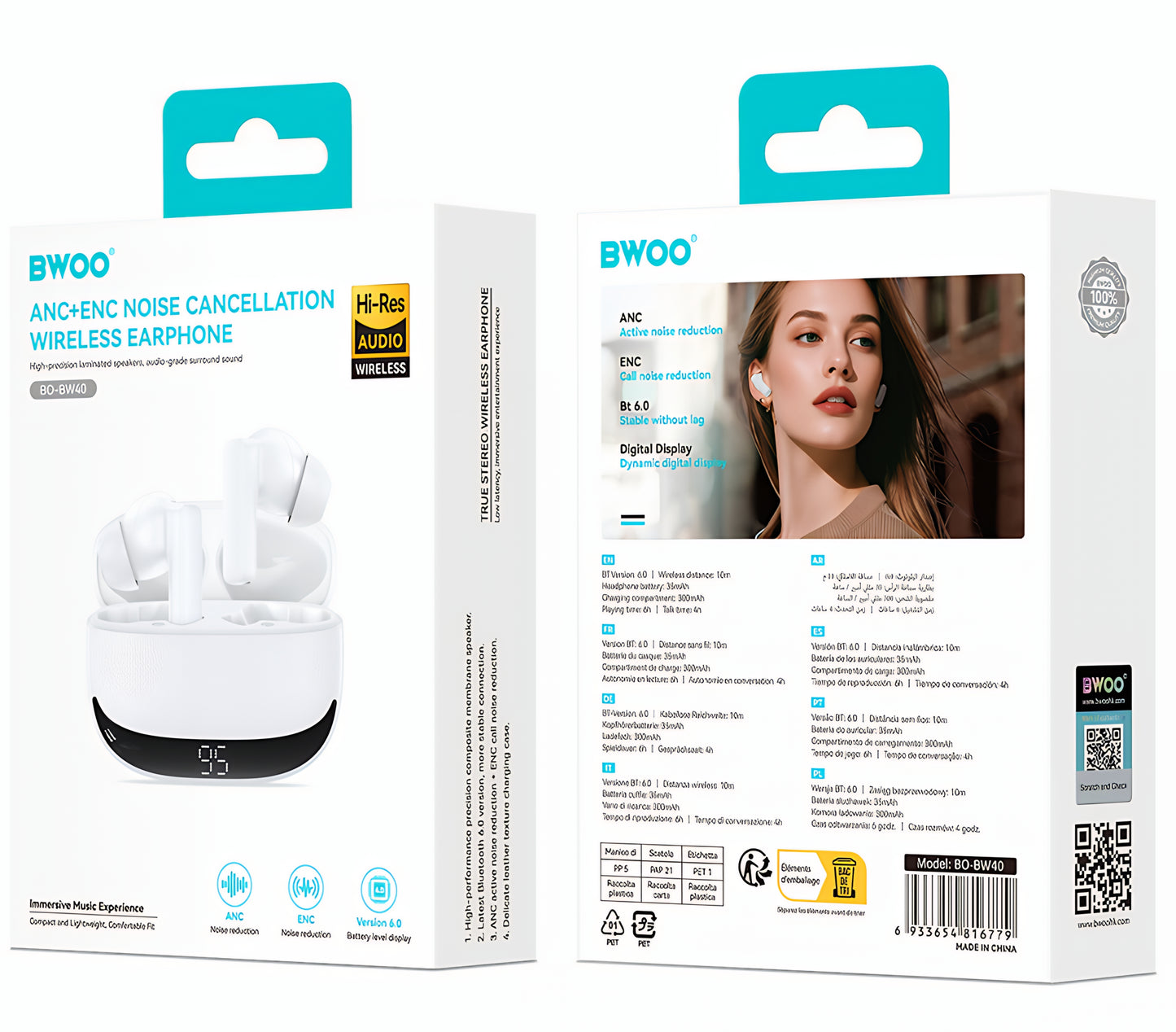 Auricolari Bluetooth BWOO BW40, TWS, ANC, Bianco