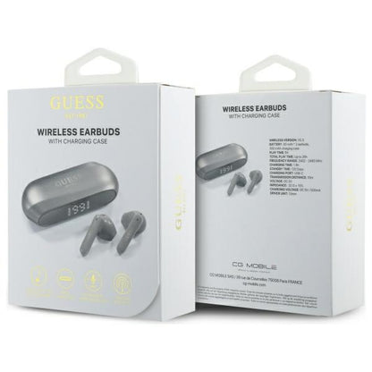 Auricolari Bluetooth Guess Allungati con Logo Metallico Stampato, TWS, Grigio