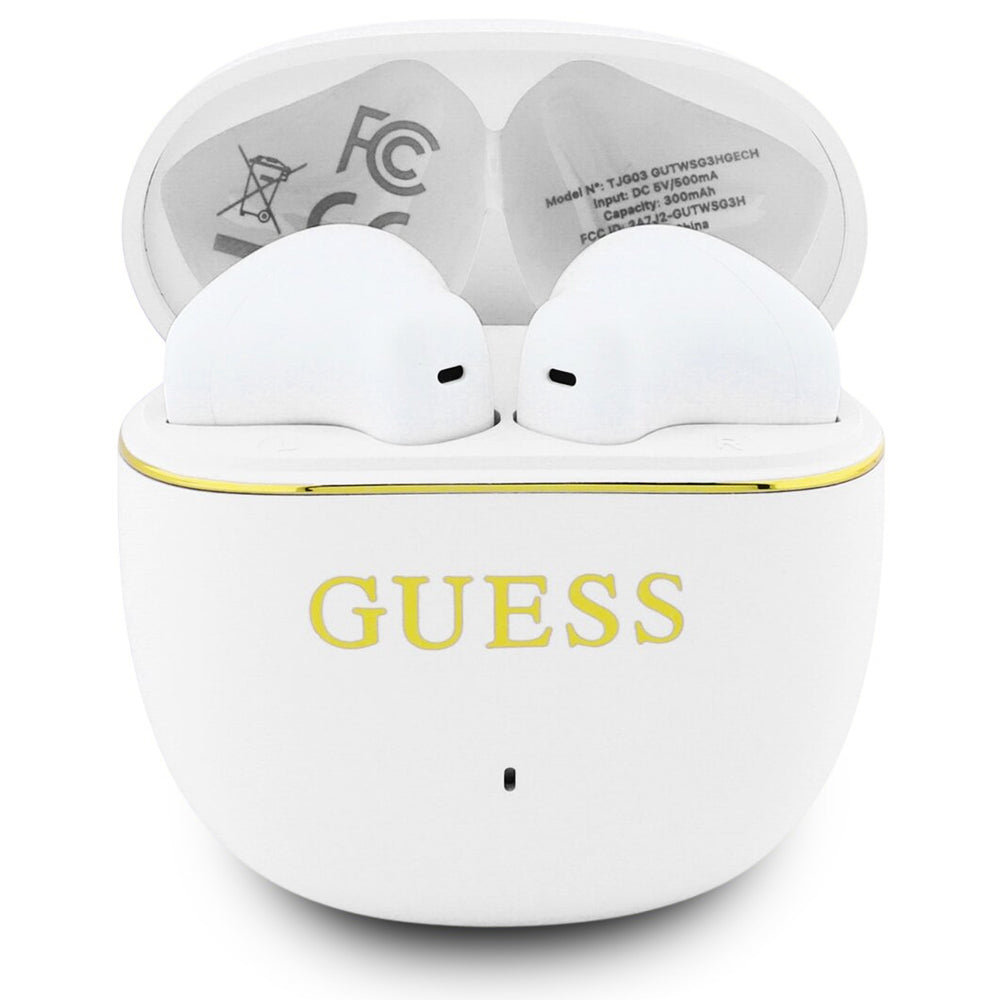 Auricolare Bluetooth Guess Glossy Gold Line Classic, TWS, Bianco