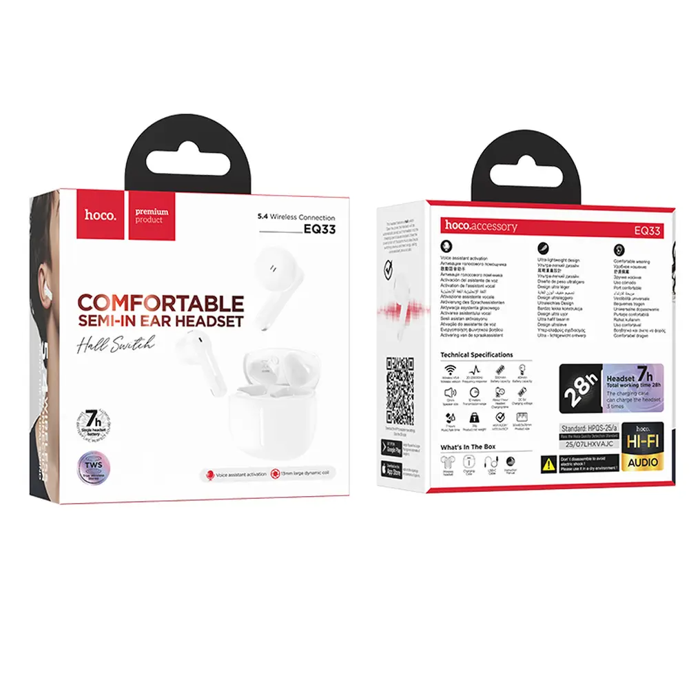 Auricolari Bluetooth HOCO EQ33, TWS, Bianco