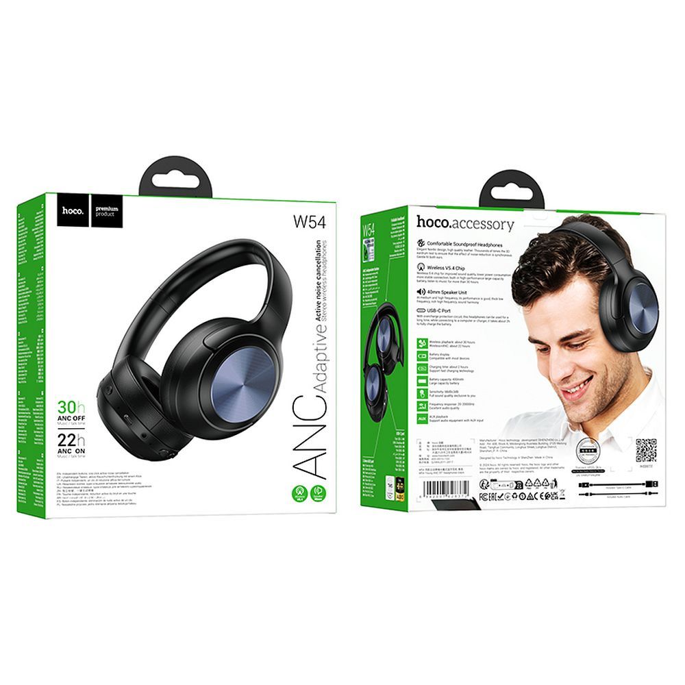Auricolare Bluetooth HOCO W54, A2DP, ANC, Nero