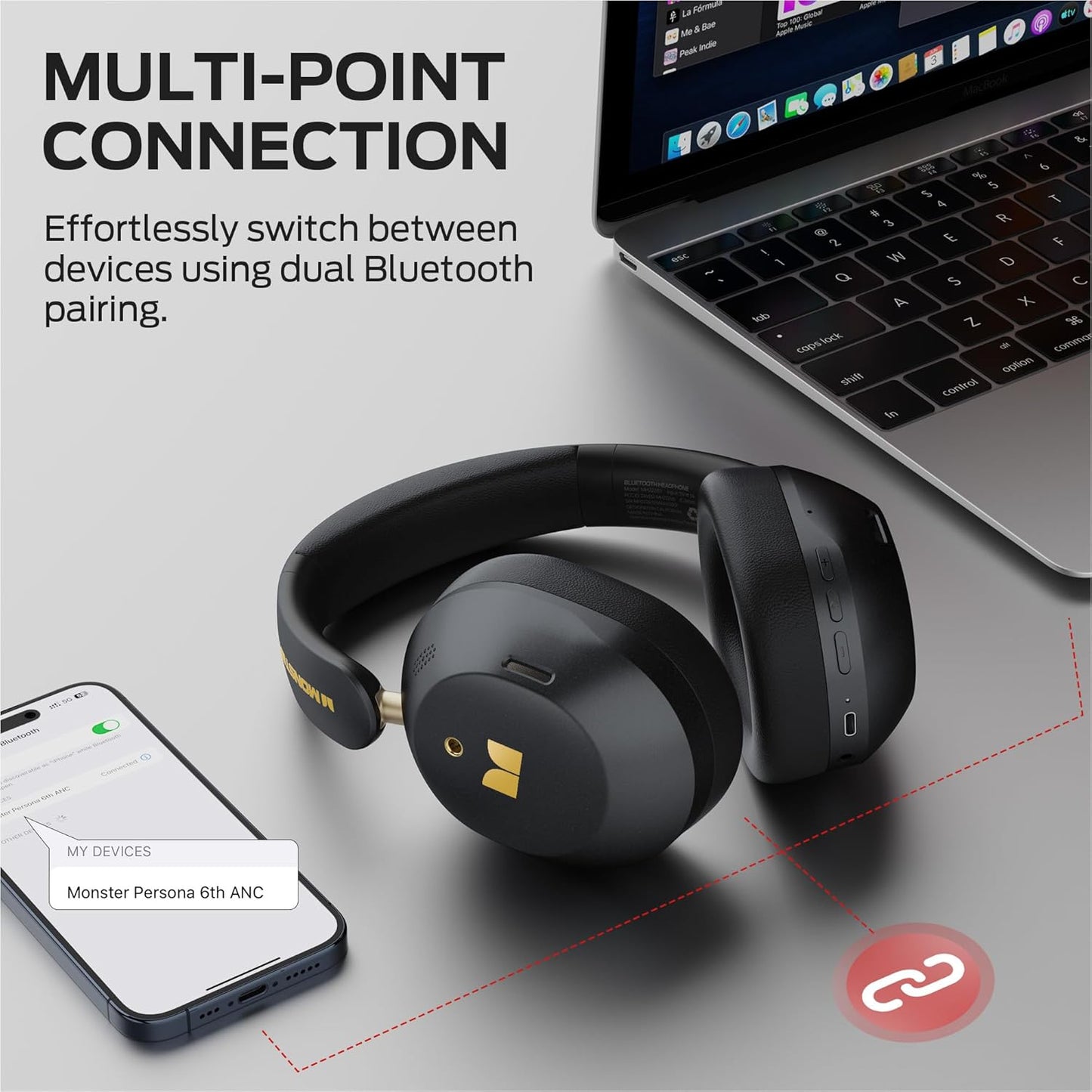 Auricolare Bluetooth Monster Persona 6th, MultiPoint, A2DP, ANC, Nero