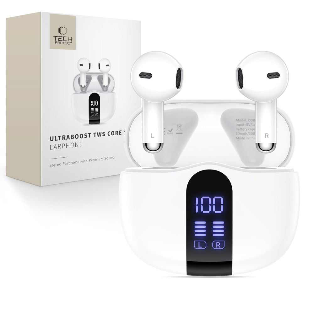 Auricolare Bluetooth Tech-Protect Ultraboost Core G2, TWS, Bianco