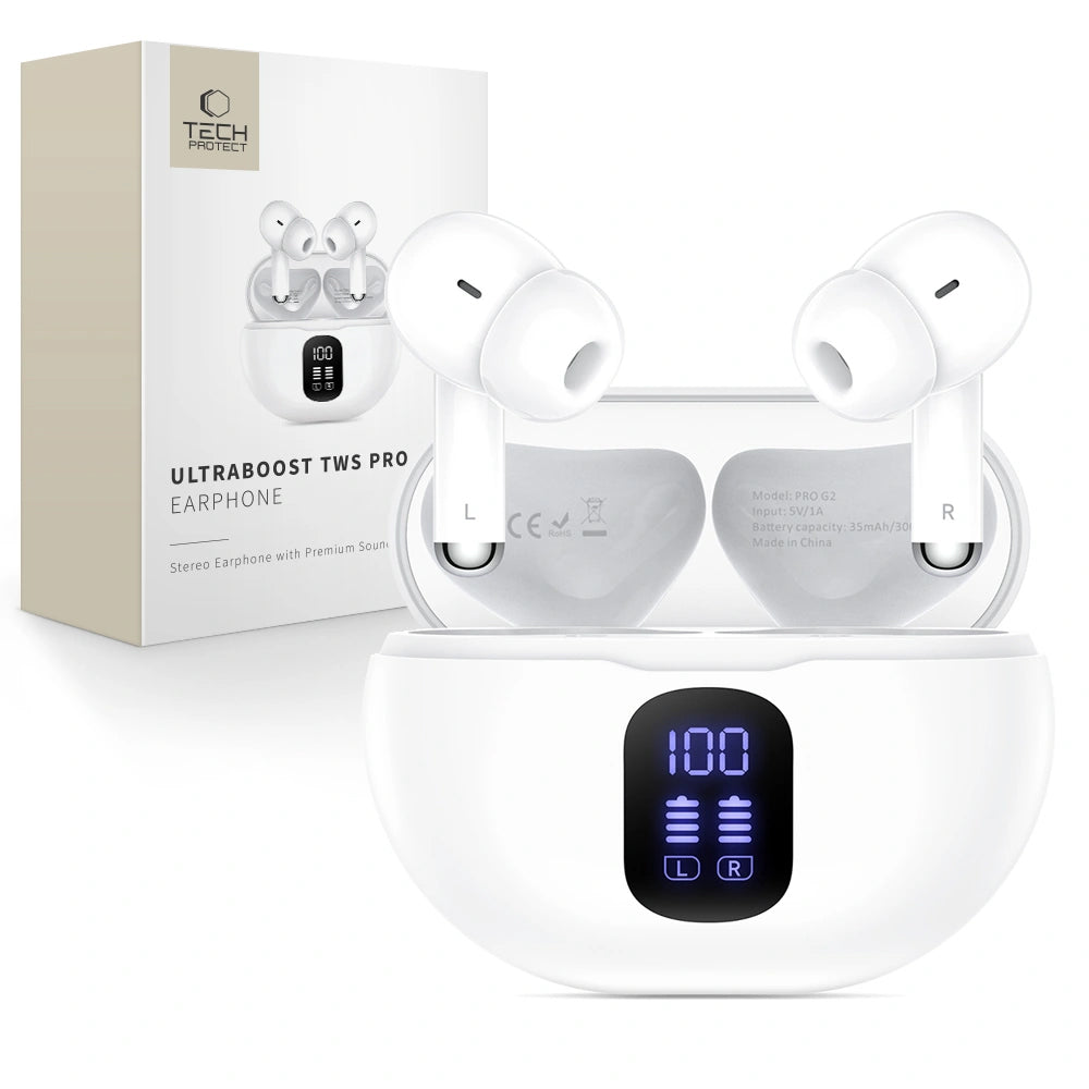 Auricolare Bluetooth Tech-Protect Ultraboost Pro G2, TWS, Bianco