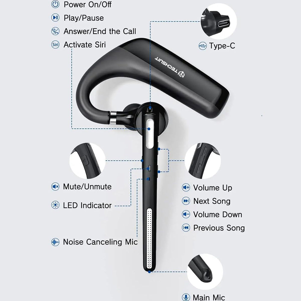 Auricolare Bluetooth Techsuit PowerTalks G6, MultiPoint, A2DP, Nero