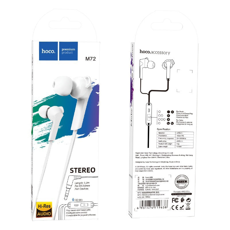 Handsfree 3.5mm HOCO M72 Admire, Bianco