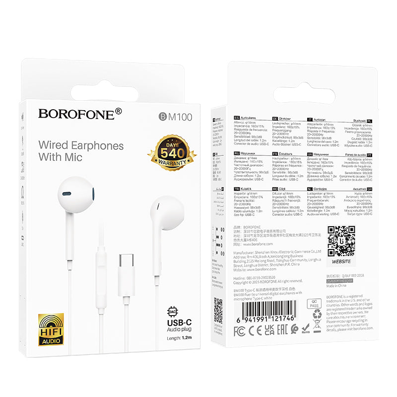 Auricolare USB-C Borofone BM100 Fuente, Bianco
