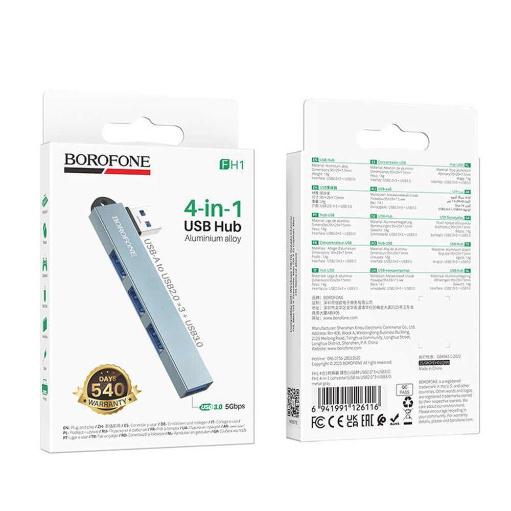 Hub USB Borofone FH1, 4in1, Grigio