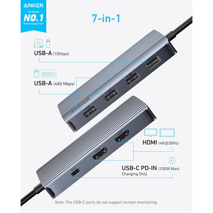 Hub USB-C Anker, 1 x USB-A 3.2 - 3 x USB-A - 1 x USB-C - 2 x HDMI, Grigio A83740A2