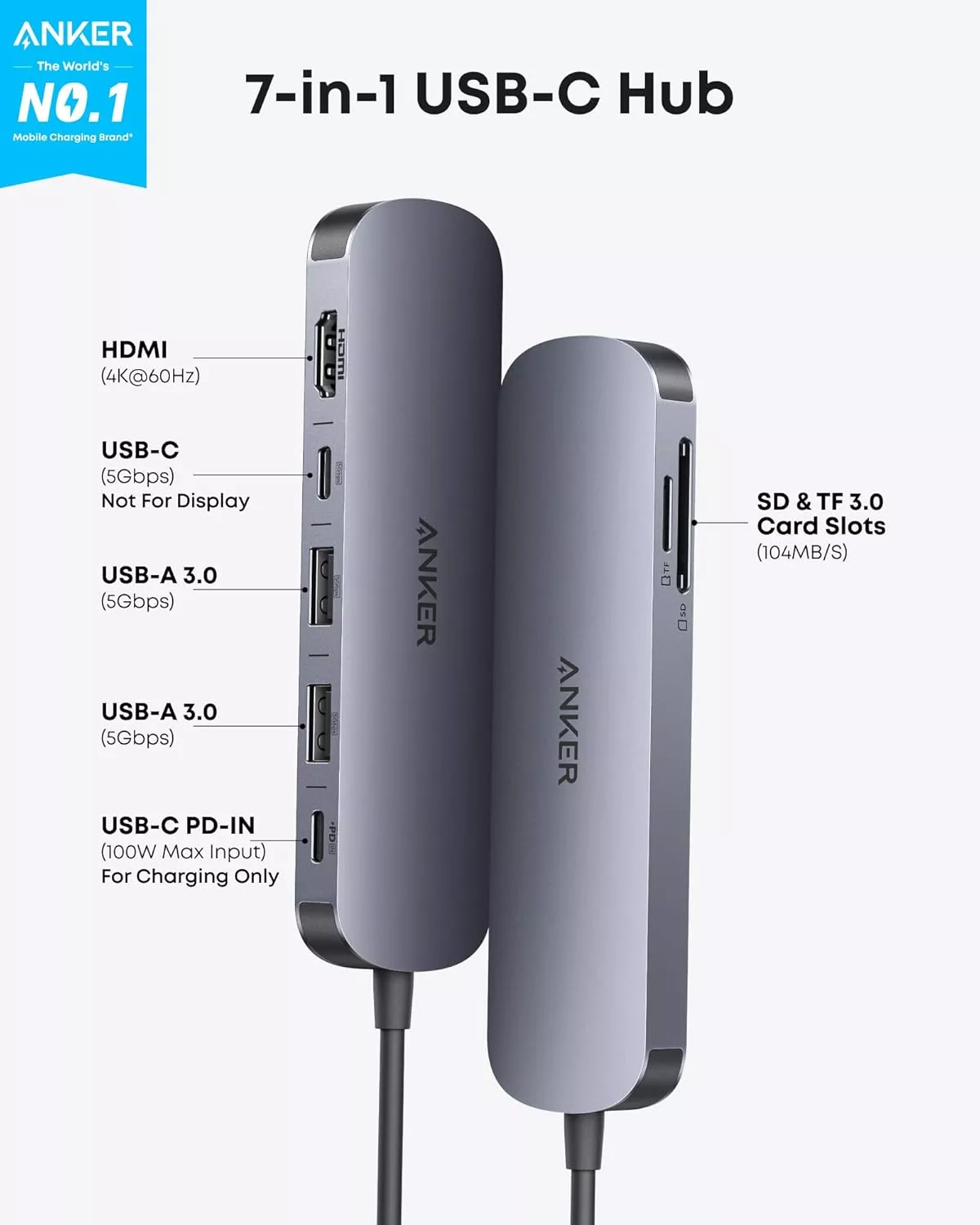 Hub USB-C Anker, 2 x USB-A 3.0 - 2 x USB-C - 1 x HDMI - 1 x SD - 1 x microSD, Grigio A83D2HA1
