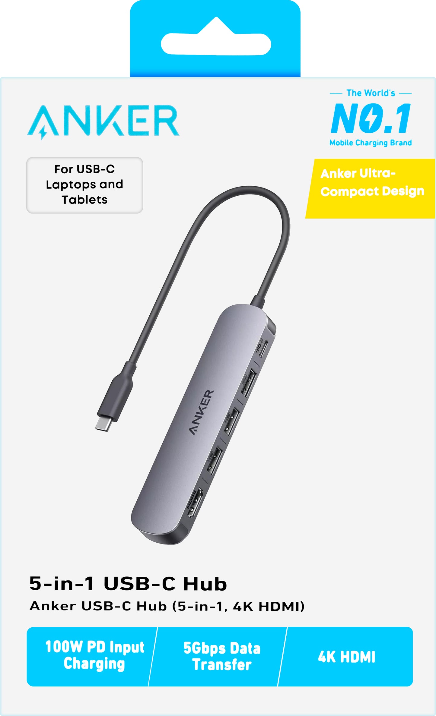 Hub USB-C Anker, 2 x USB-A - 1 x USB-A 3.0 - 1 x USB-C - 1 x HDMI, Grigio A8357HA0