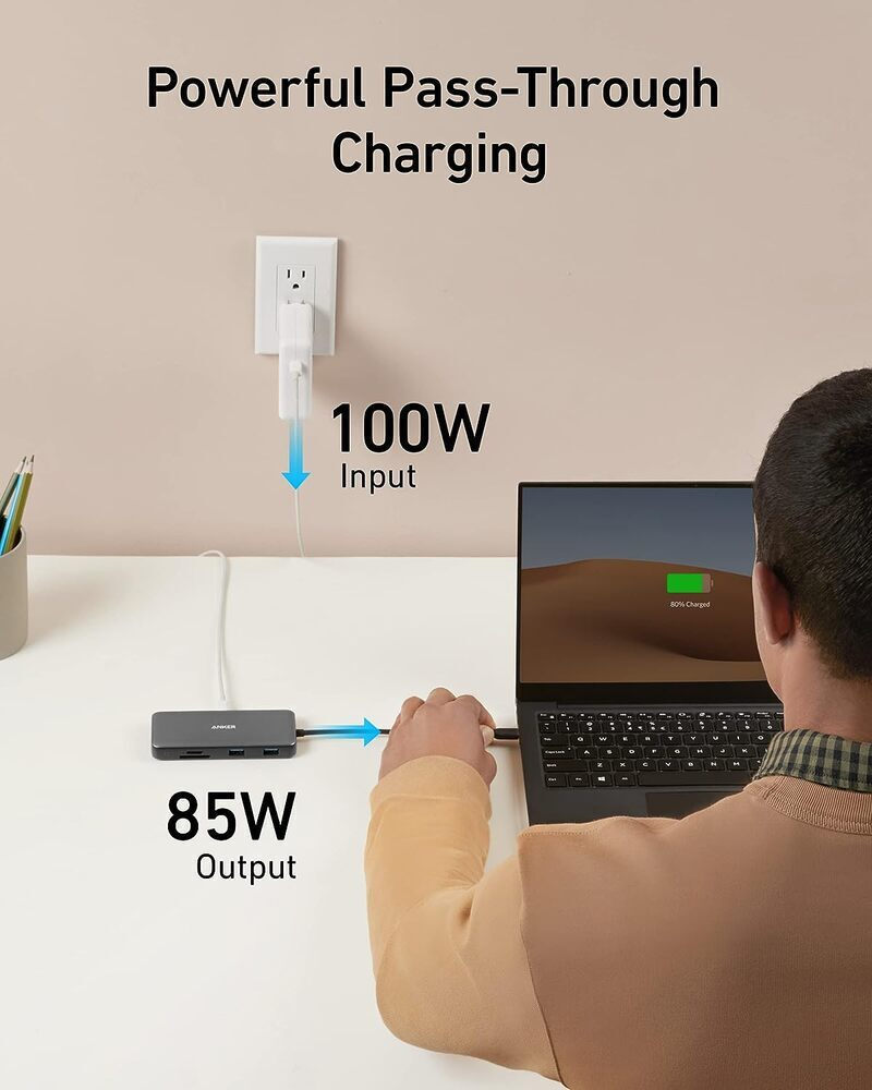 Hub USB-C Anker 555, 2 x USB-A 3.2 - 2 x USB-C - 1 x HDMI - 1 x RJ45 - 1 x SD - 1 x microSD, Grigio A83830A2