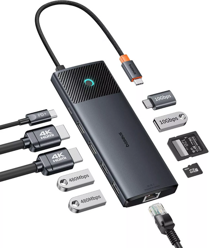 Hub USB-C Baseus Dual Display, 1 x USB-A 3.0 - 2 x USB-A - 2 x USB-C - 2 x HDMI - 1 x RJ45 - 1 x SD - 1 x microSD, Nero B00061800123-01