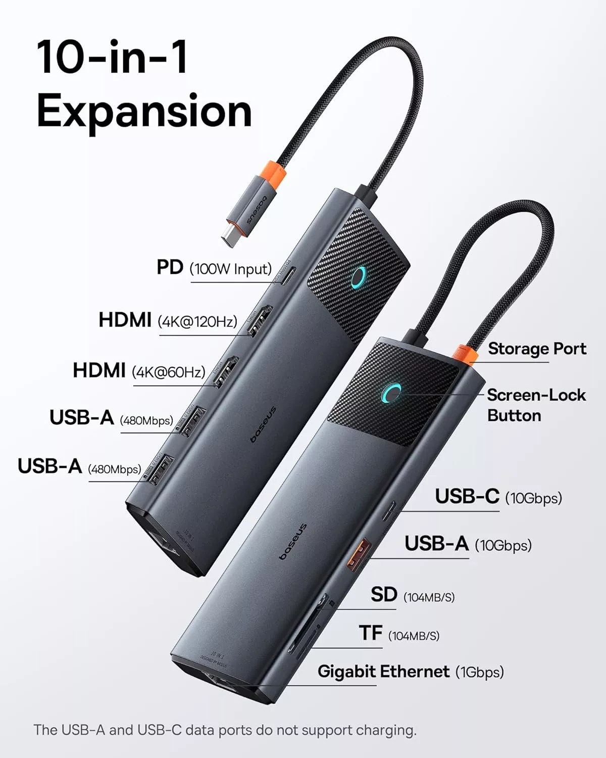 Hub USB-C Baseus Dual Display, 1 x USB-A 3.0 - 2 x USB-A - 2 x USB-C - 2 x HDMI - 1 x RJ45 - 1 x SD - 1 x microSD, Nero B00061800123-01
