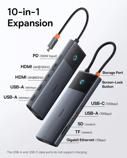 Hub USB-C Baseus Dual Display, 1 x USB-A 3.0 - 2 x USB-A - 2 x USB-C - 2 x HDMI - 1 x RJ45 - 1 x SD - 1 x microSD, Nero B00061800123-01