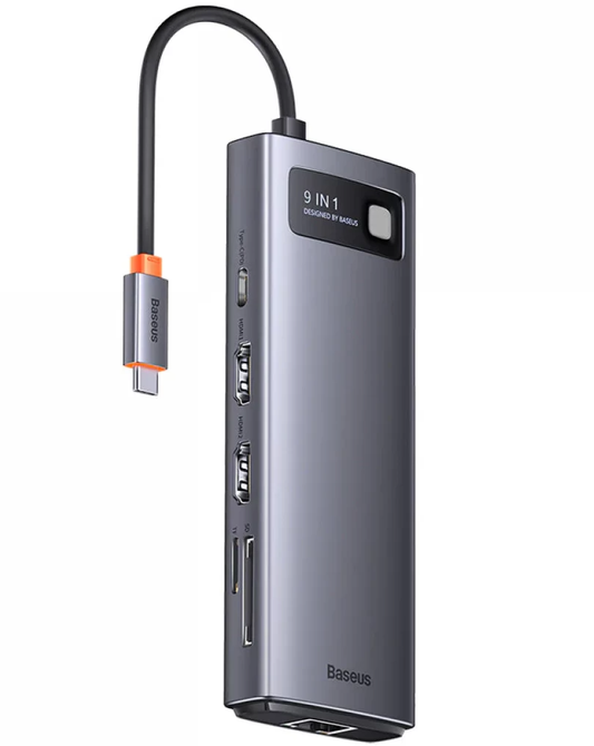 Hub USB-C Baseus Joystar, 2 x USB-A 3.2 - 1 x USB-A - 1 x USB-C - 2 x HDMI - 1 x RJ45 - 1 x SD - 1 x microSD, Grigio WKWG060013