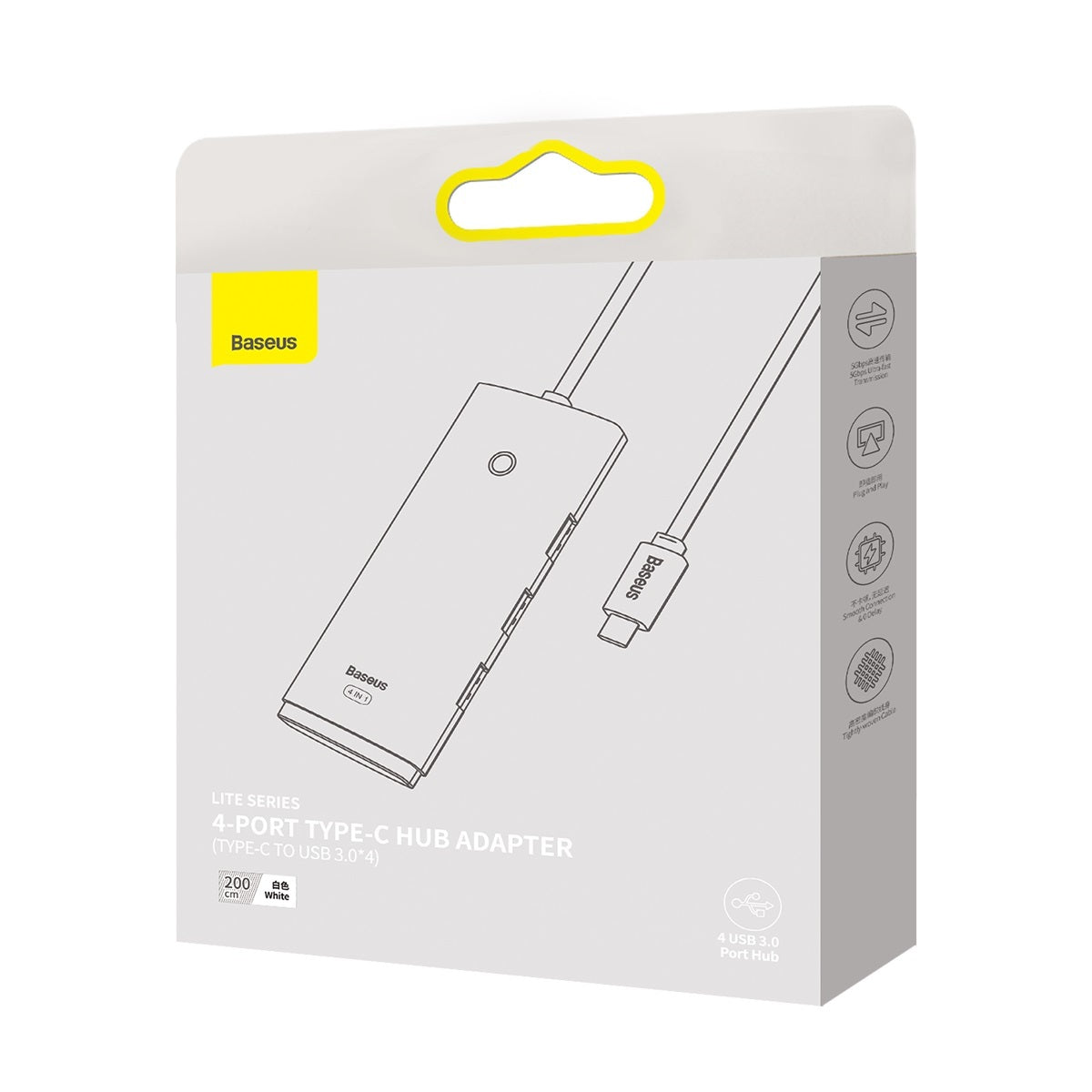 Hub USB-C Baseus Lite, 4 x USB-A 3.2, 2m, Bianco