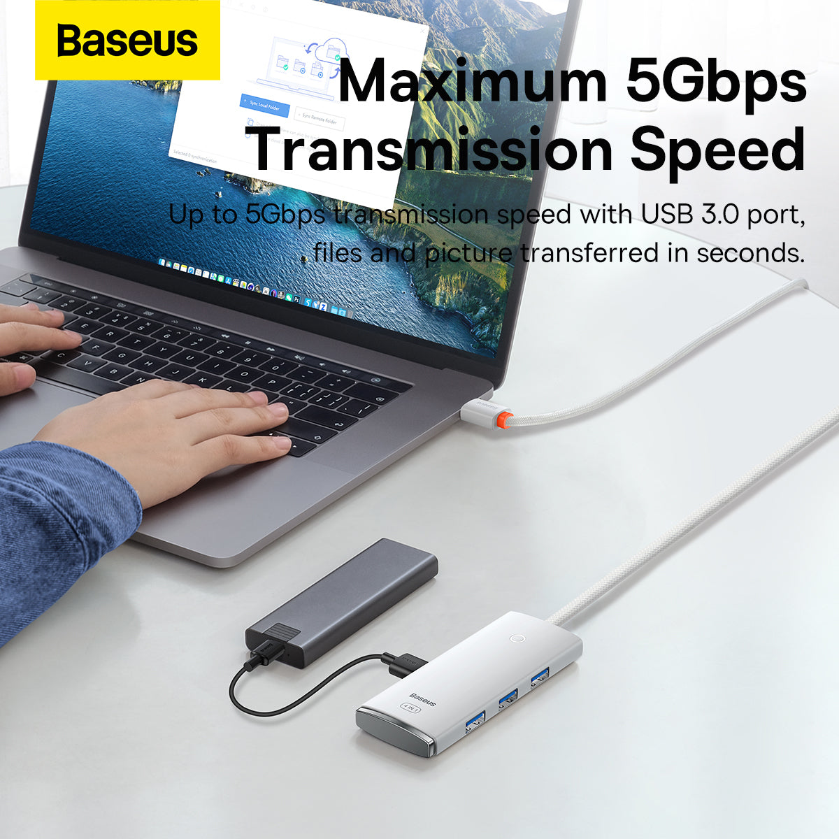 Hub USB-C Baseus Lite, 4 x USB-A 3.2, 2m, Bianco