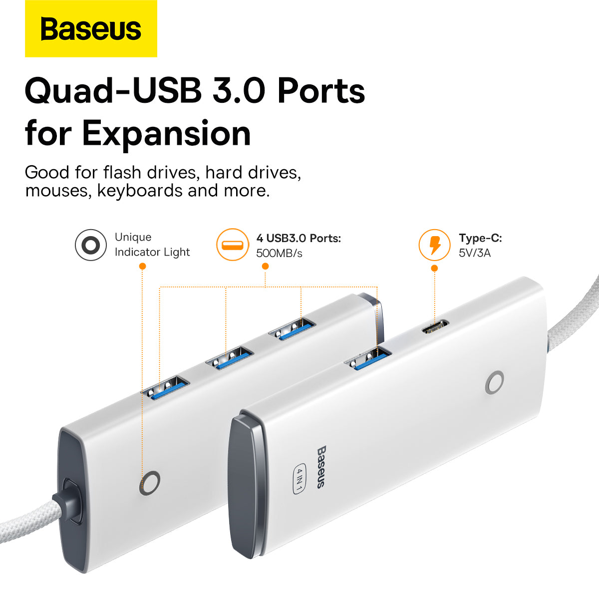Hub USB-C Baseus Lite, 4 x USB-A 3.2, 2m, Bianco