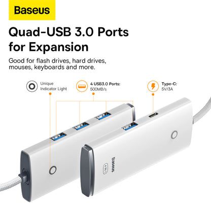 Hub USB-C Baseus Lite, 4 x USB-A 3.2, 2m, Bianco