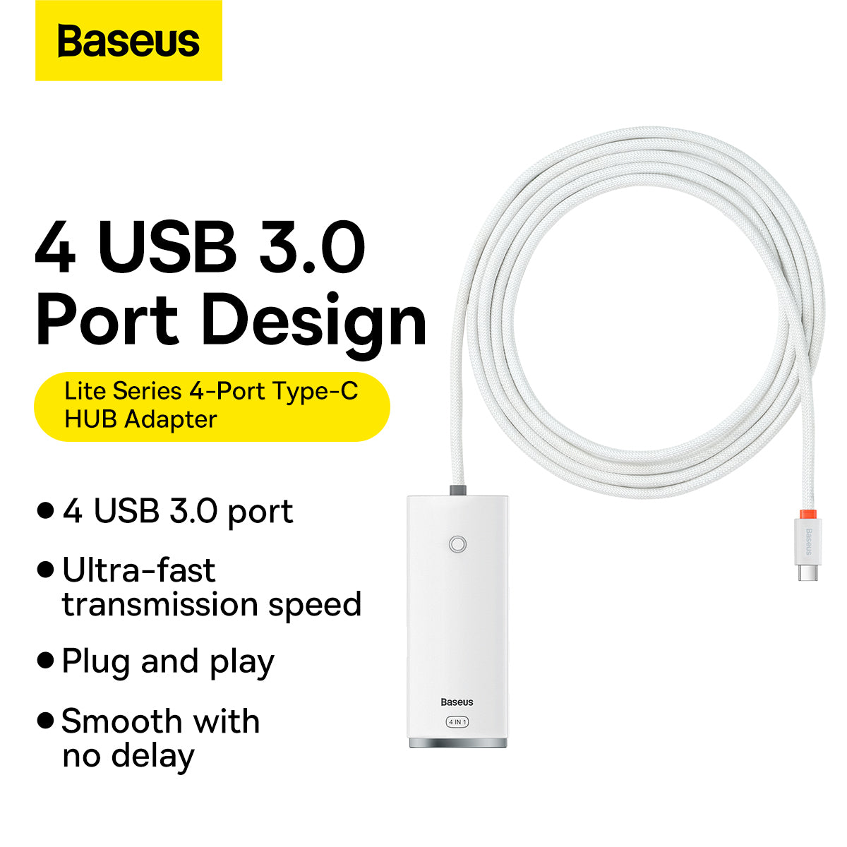 Hub USB-C Baseus Lite, 4 x USB-A 3.2, 2m, Bianco