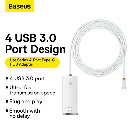Hub USB-C Baseus Lite, 4 x USB-A 3.2, 2m, Bianco