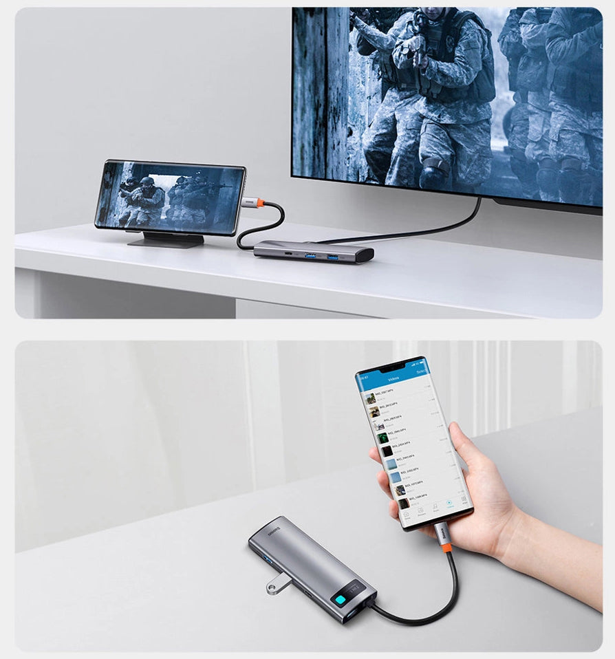 Hub USB-C Baseus Metal Gleam, 2 x USB-A 3.0 - 2 x USB-C - 1 x HDMI - 1 x SD - 1 x microSD, Grigio WKWG020113