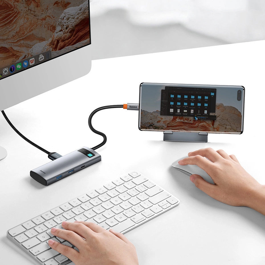 Hub USB-C Baseus Metal Gleam, 2 x USB-A 3.0 - 2 x USB-C - 1 x HDMI - 1 x SD - 1 x microSD, Grigio WKWG020113