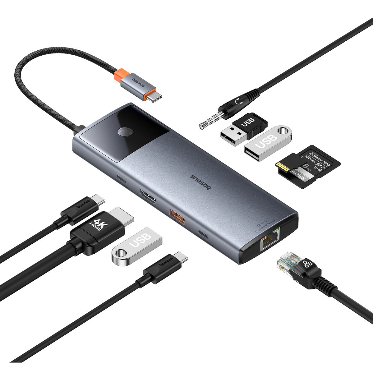 Hub USB-C Baseus Metal Gleam II, 2 x USB-C - 3 x USB-A - 1 x HDMI - 1 x jack da 3,5 mm - 1 x RJ45 - 1 x SD - 1 x microSD, Grigio