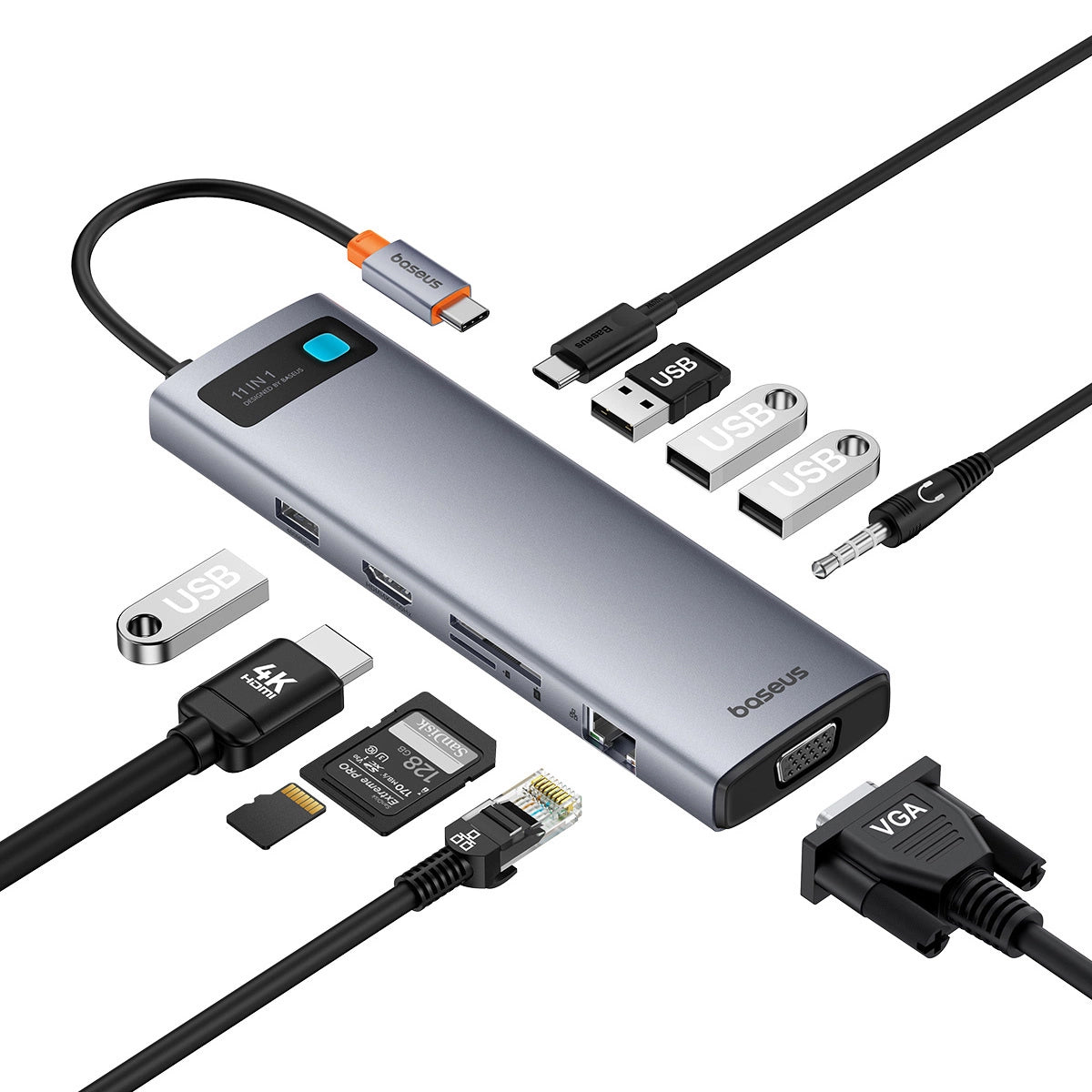 Hub USB-C Baseus Metal Gleam, 1 x USB-C - 3 x USB-A 3.0 - 1 x USB-A 3.0 - 1 x USB-A - 1 x HDMI - 1 x VGA - 1 x jack da 3,5 mm - 1 x RJ45 - 1 x SD - 1 x microSD, Grigio