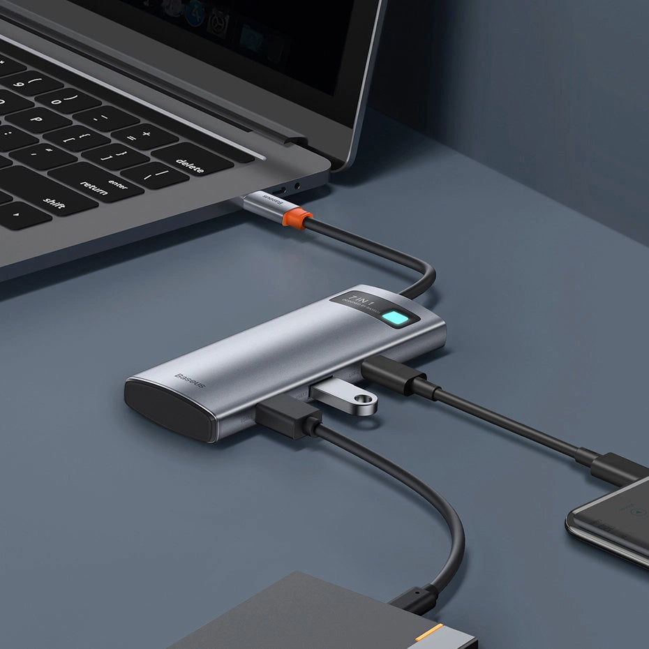 Hub USB-C Baseus Metal Gleam, 2 x USB-A 3.0 - 2 x USB-C - 1 x HDMI - 1 x SD - 1 x microSD, Grigio WKWG020113