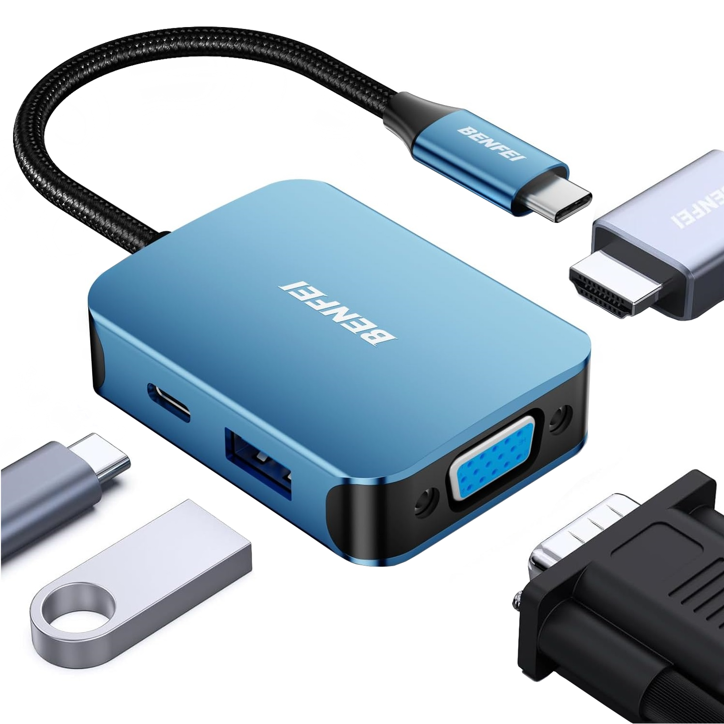 Hub USB-C Benfei, 1 x USB-A 3.0 - 1 x USB-C - 1 x HDMI - 1 x VGA, Blu