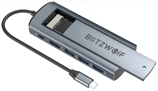 Hub USB-C BlitzWolf BW-Neo TH13, 3 x USB-A 3.0 - 1 x USB-C - 1 x Display Port - 1 x Interfaccia SSD, Grigio