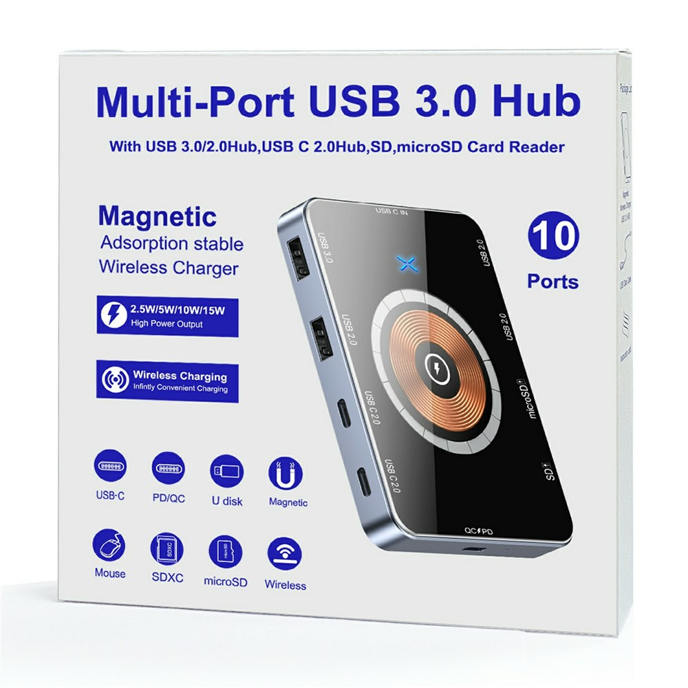 Hub USB-C con Ricarica Wireless QI OEM YC7209, 10in1, Grigio